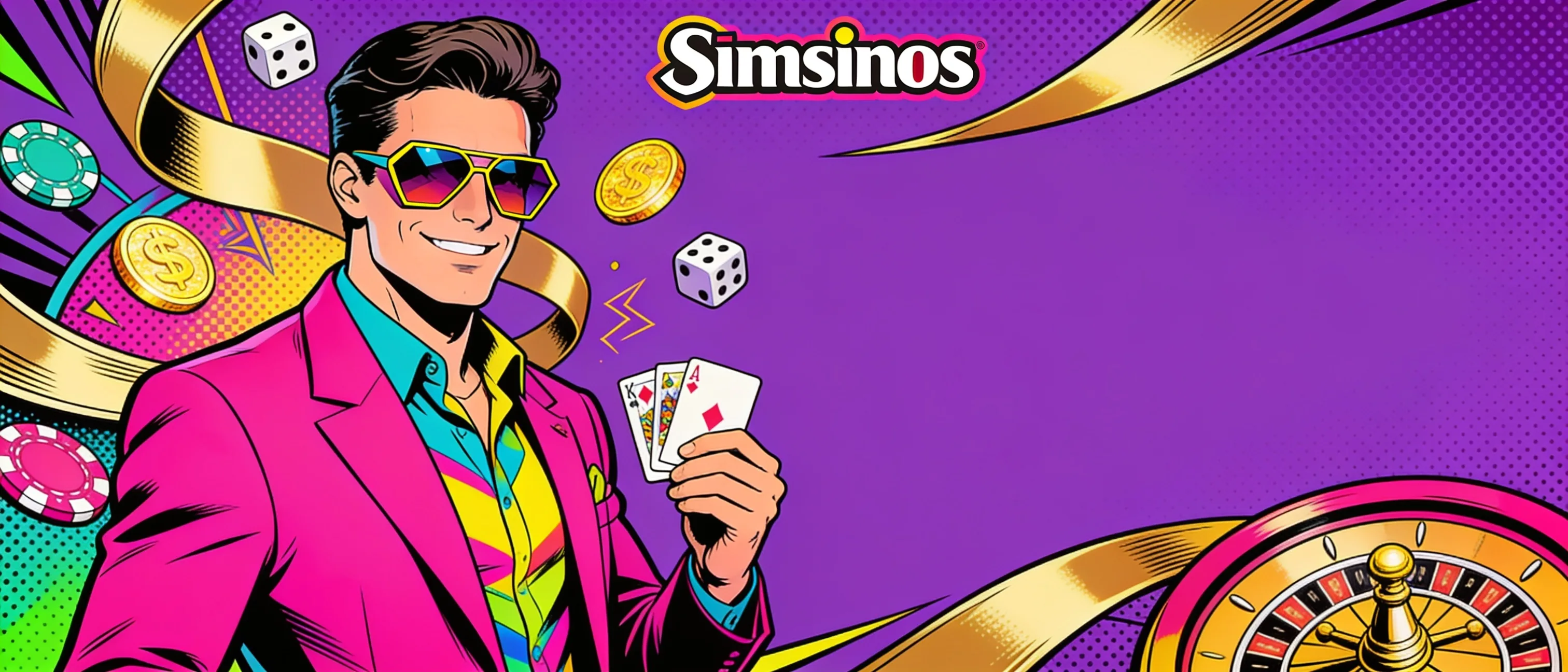 Personnage Simsinos avec cartes et jetons sur fond violet